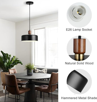 Modern Solid Wood Pendant Lights,13.8" Large Hammered Vintage Chandeliers,Black Finish Hanging Lighting Lamp,Industrial Drum Ceiling Light Fixtures for Dining Room,Kitchen Island, Farmhouse