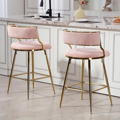 2-Pack Pink Corduroy Counter Height Bar Stools with Back, Golden Chrome Base and Footrest, Modern Kitchen Island Stools Set of 2, Upholstered Dining Stools for Home, Office, Cafe
