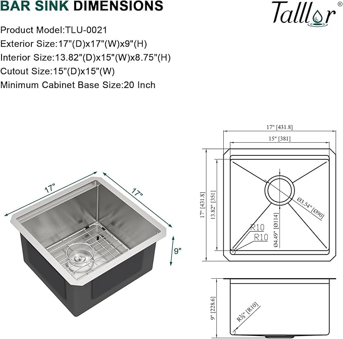 17x17 Undermount Bar Sink - Workstation 16 Gauge 304 Stainless Steel Single Bowl Wet Prep Sink with Cutting Board for Kitchen Bar, RV, and Boat #TLU-0021