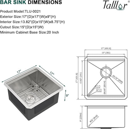 17x17 Undermount Bar Sink - Workstation 16 Gauge 304 Stainless Steel Single Bowl Wet Prep Sink with Cutting Board for Kitchen Bar, RV, and Boat #TLU-0021