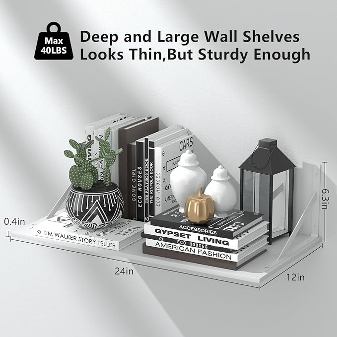 Deep Floating Shelves for Wall Set of 3, 24W x 12 Inch Deep White Floating Shelves, Wide Floating Wall Mounted Shelves for Living Room, Kitchen, Office, Bedroom, Bathroom, Laundry Room