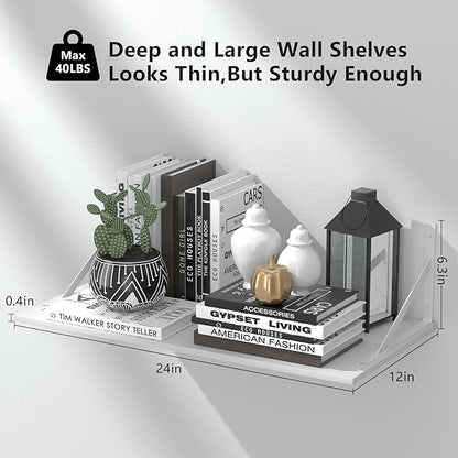 Deep Floating Shelves for Wall Set of 3, 24W x 12 Inch Deep White Floating Shelves, Wide Floating Wall Mounted Shelves for Living Room, Kitchen, Office, Bedroom, Bathroom, Laundry Room