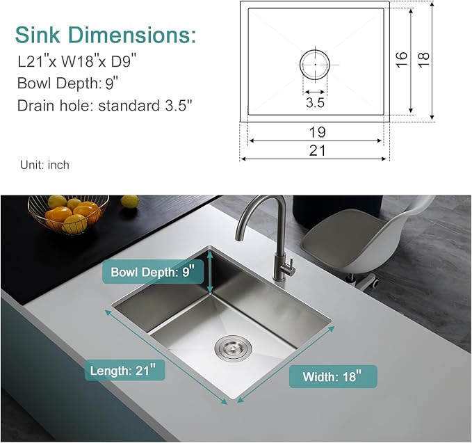 21 inch Bar Sink, KINKIB 21 x 18 x 9 inch Undermount Bar or Prep Kitchen Sink, Handmade Single Bowl T-304 Stainless Steel Small Kitchen Sink with Strainer