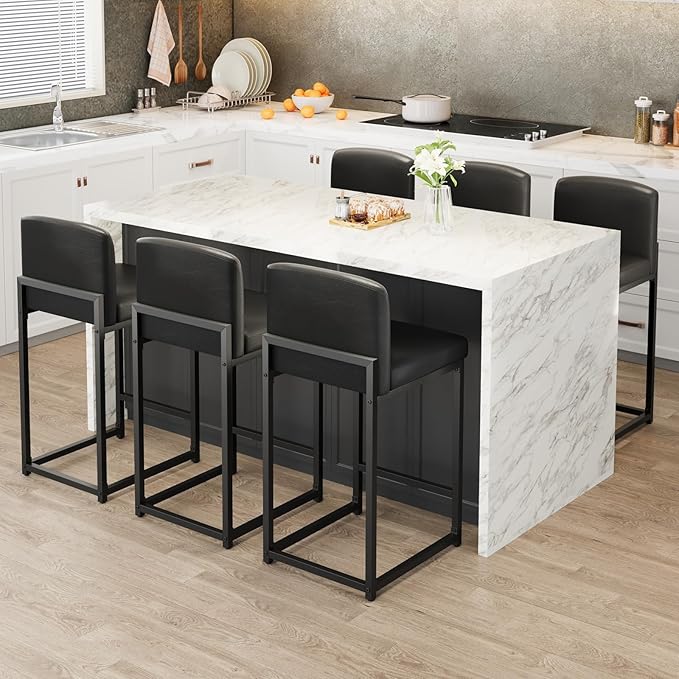 GarveeHome Bar Stools Set of 2, Modern Counter Height Bar Stools with Back and Footrest, Faux Leather Upholstered Barstools Chairs for Kitchen Island Dining Room Bar, Black