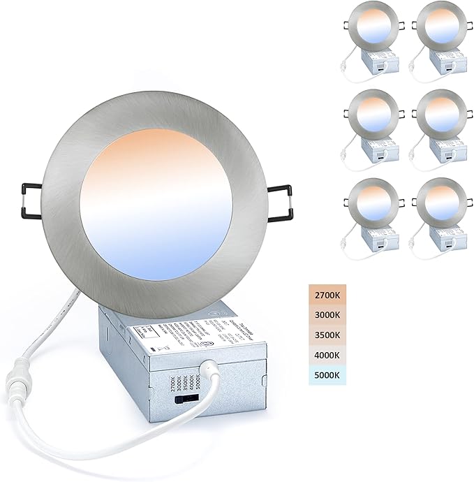 POPANU Premium LED-Canless Downlight Recessed Lighting 4-inch 5 CCT Adjustable Dimmable Recessed Lights Fixture with Junction Box, Ceilling Light 2700-5000K, 9W, Brushed Nickel, 6 Pack