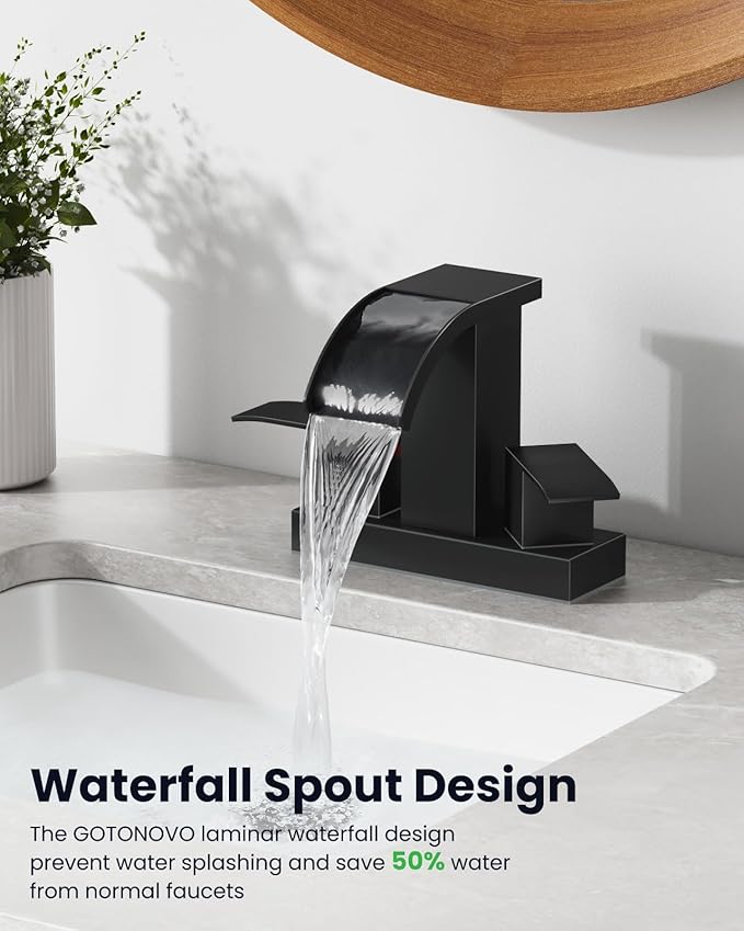 gotonovo Waterfall 4 Inch Centerset Bathroom Sink Faucet 2 Handle Basin Faucets 2 or 3 Hole Deck Mount with Pop Up Drain Included Lavatory Modern Mixer Tap Vanity Faucet Matte Black