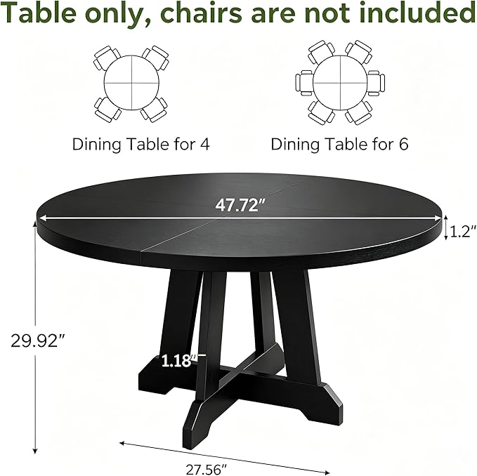 GarveeHome Round Dining Table for 4, 47 Inches Dining Room Table with Wooden Base, Kitchen Table with Circle Tabletop, Dinner Table for Dining Room, Kitchen, Living Room, Black