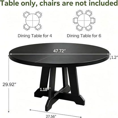 IDEALHOUSE Round Dining Table for 4, 47 Inches Dining Room Table with Wooden Base, Kitchen Table with Circle Tabletop, Dinner Table for Dining Room, Kitchen, Living Room, Black