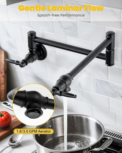 Pot Filler Faucet Matte Black: Solid Brass Wall Mount Heavy Duty Stove Pot Filler with Double Joint Swing Arms - Single Hole Commercial Folding Stretchable Faucet 2 Handles for Kitchen Restaurant