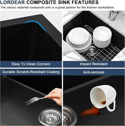 Lordear 18 Inch Black Undermount Bar Sink Granite Composite Quartz Single Bowl RV Camper Outdoor Under Counter Kitchen Sinks Basin