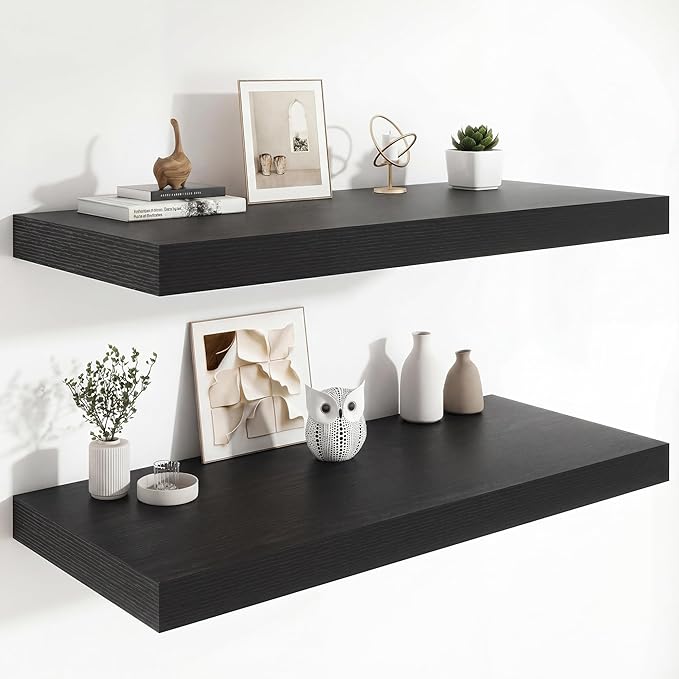 Heimlove 12" Deep Floating Shelves, 36 x 12 Inch Wall Mounted Long Floating Shelf with Invisible Brackets, for Home Decor, Bedroom, Kitchen, Living Room, Bathroom - 2 Pack, Black