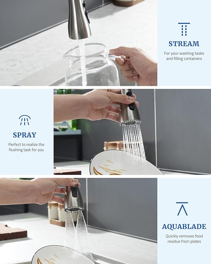 Metal Kitchen Faucet Head Replacement, Low-Lead Sprayer Head for Pull Down Sink Faucet, 15 Adapters 3-Mode Stainless Steel Spray Nozzle, Compatible with Delta, Moen, Kohler, Brushed Nickel