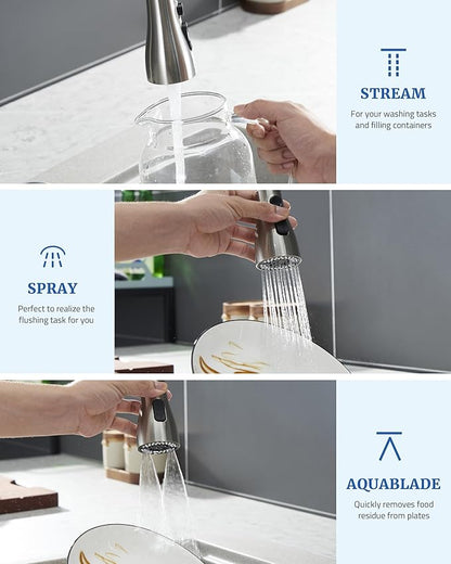 Metal Kitchen Faucet Head Replacement, Low-Lead Sprayer Head for Pull Down Sink Faucet, 15 Adapters 3-Mode Stainless Steel Spray Nozzle, Compatible with Delta, Moen, Kohler, Brushed Nickel