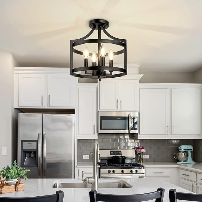 LynPon Black Farmhouse Chandelier 4 Lights, Modern Hanging Pendant Light Convertible Semi Flush Mount Ceiling Light Rustic Metal Round Cage Chandeliers for Dining Room Entryway Foyer Kitchen