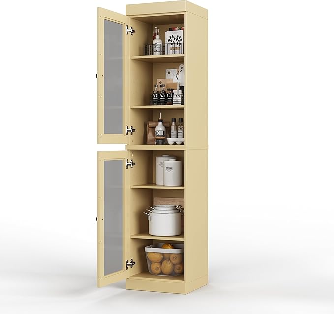Palace Imports Solid Wood Kitchen Pantry Cabinet w/Glass Doors - Narrow Storage Cabinet - 16.5" Wide x 71.5" Tall - Yellow, Adjustable Shelves, 100% Eco-Friendly Wood, Modular Cabinets