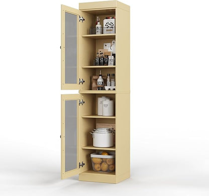 Palace Imports Solid Wood Kitchen Pantry Cabinet w/Glass Doors - Narrow Storage Cabinet - 16.5" Wide x 71.5" Tall - Yellow, Adjustable Shelves, 100% Eco-Friendly Wood, Modular Cabinets