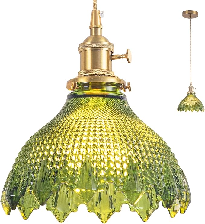 Pendant Lights Kitchen Island, Vintage Light Fixtures with Green Glass, 7.8inch Light Fixtures Brushed Gold Hanging Ceiling for Dining Living Room Kitchen Bedroom Island Entryway