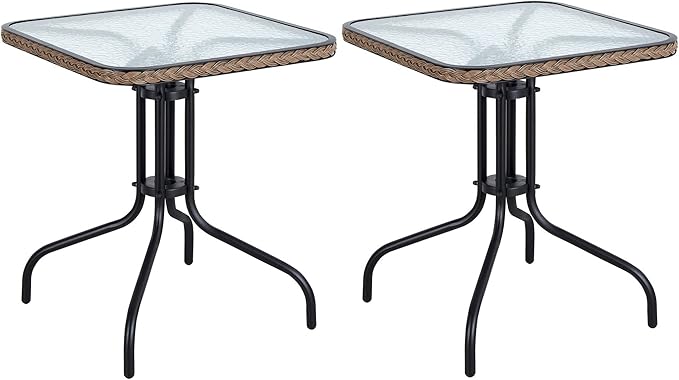 BTEXPERT Set of 2, Indoor Outdoor 28" Square Tempered Glass Metal Restaurant Table Brown Rattan Trim