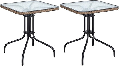 BTEXPERT Set of 2, Indoor Outdoor 28" Square Tempered Glass Metal Restaurant Table Brown Rattan Trim