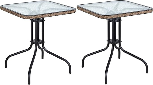 BTEXPERT Set of 2, Indoor Outdoor 28" Square Tempered Glass Metal Restaurant Table Brown Rattan Trim