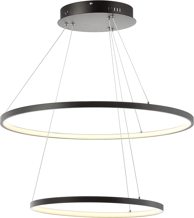 JONATHAN Y 24" Matte Black Modern Integrated LED Pendant Light, Dimmable Round Hoop Chandelier for Kitchen Island, Dining Room, Adjustable Height Metal Hanging Light (JYL7204A)