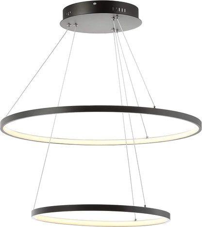 JONATHAN Y 24" Matte Black Modern Integrated LED Pendant Light, Dimmable Round Hoop Chandelier for Kitchen Island, Dining Room, Adjustable Height Metal Hanging Light (JYL7204A)