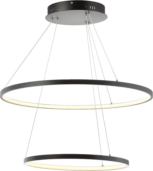 JONATHAN Y 24" Matte Black Modern Integrated LED Pendant Light, Dimmable Round Hoop Chandelier for Kitchen Island, Dining Room, Adjustable Height Metal Hanging Light (JYL7204A)