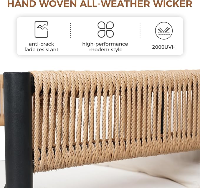 Grand patio 7-Piece Outdoor Dining Set for 6, Metal Woven Wicker Fixed Patio Chairs with Thickened Cushions & 1 Walnut-Like Aluminum Dining Table with Umbrella Hole for Backyard Deck