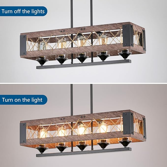 5-Light Farmhouse Chandelier for Dining Room, Rustic Wood Color Kitchen Island Lighting, Adjustable Height Chandelier for Kitchen
