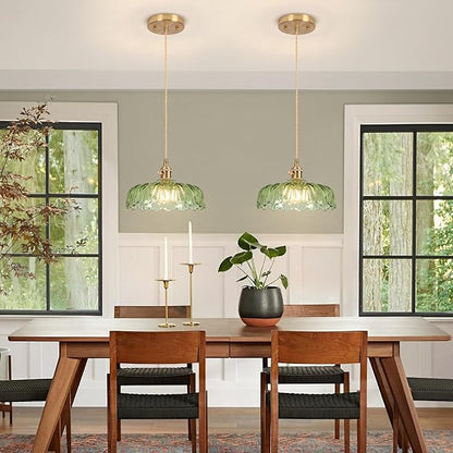 Pendant Lights Kitchen Island,Green Glass Pendant Light Vintage Light Fixtures,9.4inch E26 Finish Ceiling Hanging Lamp for Bedroom Living Room Hallway
