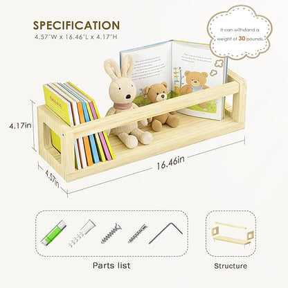 Picrit Set of 4 Natural Solid Wood Nursery Floating Shelves - Decorative Wall-Mounted Kids Bookshelf for Toy Storage & Book Display in Playroom or Kids Room, Durable Organizer
