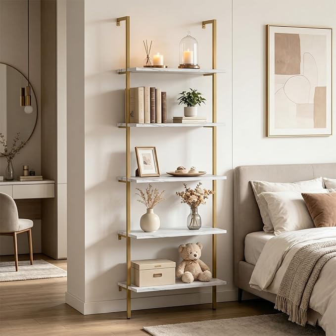 Wolawu Ladder Shelf 5 Tiers Wall Mounted Bookshelf 2-Piece White Marble Modern Bookshelf Open Tall Storage Bookcase Standing Leaning Wall Shelves Industrial Decorative for Home Office Living Room