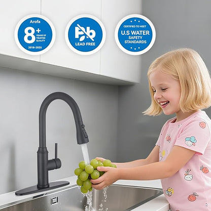 Matte Black Kitchen Faucet with Pull Down Spayer Arofa Single Handle Pull Out Kitchen Sink Faucet with Sprayer, Solid Brass Commercial Faucet for Kitchen Sink, RV, Outdoor, Laundry & Bathroom Sink