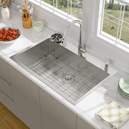 33 Drop In Kitchen Sink - Beslend 33x22 Kitchen Sink Drop In with Pull-Out Faucet, Stainless Steel Sinks and Soap Dispenser Topmount 16 Gauge Single Bowl Above Counter Dish Basin 9" Deep