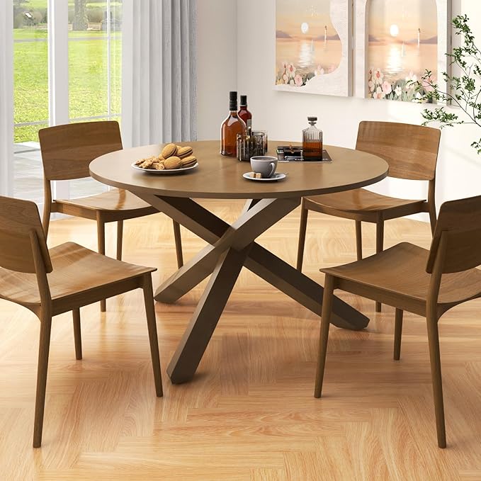Giantex 47" Round Dining Table with Intersecting Acacia Wood Legs, Adjustable Foot Pads, 500Lbs Capacity, Mid Century Kitchen Table for 4-6 Person Dinner, Dinette, Dining Room, Restaurant
