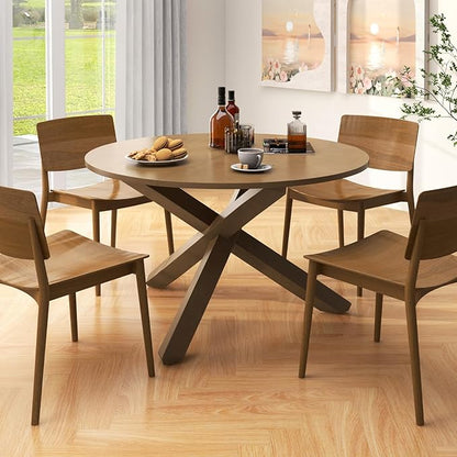 Giantex 47" Round Dining Table with Intersecting Acacia Wood Legs, Adjustable Foot Pads, 500Lbs Capacity, Mid Century Kitchen Table for 4-6 Person Dinner, Dinette, Dining Room, Restaurant