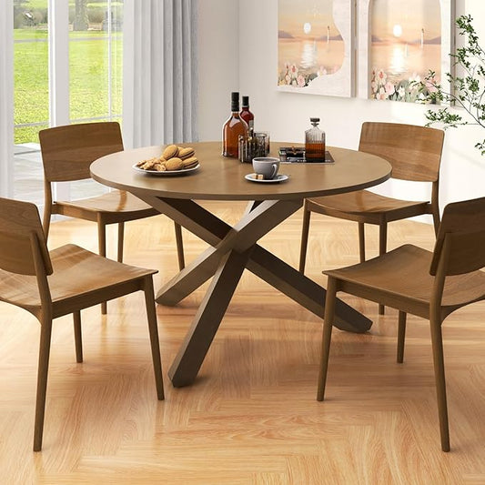 Giantex 47" Round Dining Table with Intersecting Acacia Wood Legs, Adjustable Foot Pads, 500Lbs Capacity, Mid Century Kitchen Table for 4-6 Person Dinner, Dinette, Dining Room, Restaurant
