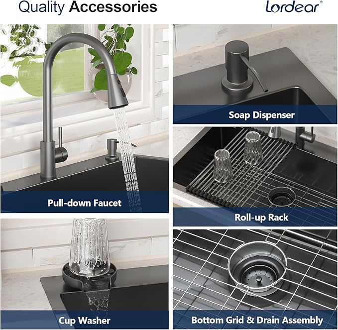 Lordear 33 Inch Drop In Black Kitchen Sink with Faucet Combo - 16 Gauge Stainless Steel 33x22 Single Bowl Black Drop In Kitchen Sink with All Accessories