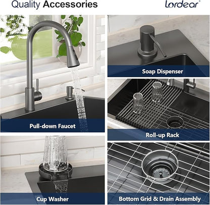 Lordear 33 Inch Drop In Black Kitchen Sink with Faucet Combo - 16 Gauge Stainless Steel 33x22 Single Bowl Black Drop In Kitchen Sink with All Accessories