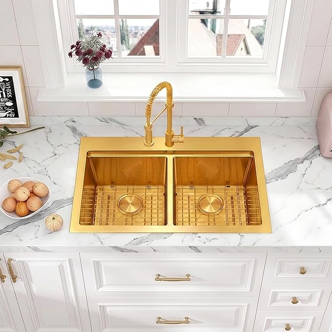 33 Inch Gold Sink Drop-In Topmount Double Bowl, 16 Gauge 50/50 Double Bowl Stainless Steel Workstation Sink, 33" x 22" x 10" Large and Deep Kitchen Sink With Accessories