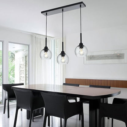 3 Light Linear Island Lights with Striped Swirl Globe Glass, Black Kitchen Hanging Pendant Light Fixture Farmhouse Chandelier for Dining Room Bar Living Room