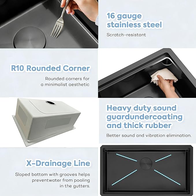 Black Undermount Kitchen Sink, 16 Gauge 304S Stainless Steel Workstation Sink with Full Set Accessories, 32" x 18" x 10" Large and Deep Single Bowl Kitchen Sinks