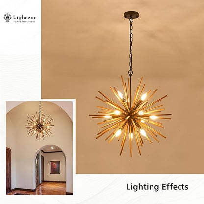 23.6" Farmhouse Sputnik Chandelier for Dining Room Rustic Handmade Natural Wood 12-Light Hanging Ceiling Pendant Light Fixture Starburst Wood Chandeliers for Kitchen Bedroom Foyer Hallway