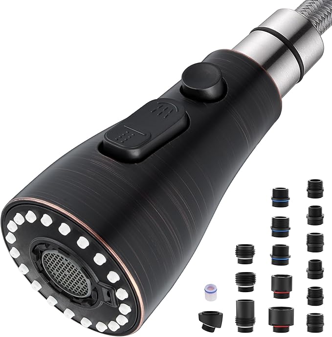 J-HVA Metal Kitchen Faucet Head Replacement – 3 Mode High-Pressure Sink Sprayer Replacement with 15 Nozzle Adapters, Durable Pull Down Spray Head for Kitchen Sink, Oil Rubbed Bronze, Stainless Steel