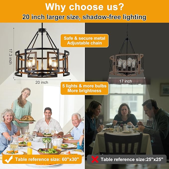 20" Dining Room Light Fixture/Chandelier Over Table, 5-Light Black & Wood Grain Farmhouse Chandeliers for Dining Room, Industrial Metal Hanging Pendant Lights Fixture for Kitchen Island Foyer Entryway