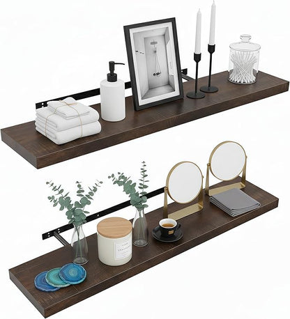 Lufia Floating Wall Shelves, Set of 2, MDF with Invisible Brackets, Modern Storage for Bedroom, Bathroom, Living Room, Kitchen (Rustic Brown, 32" W x 7" D x 1.5" H)
