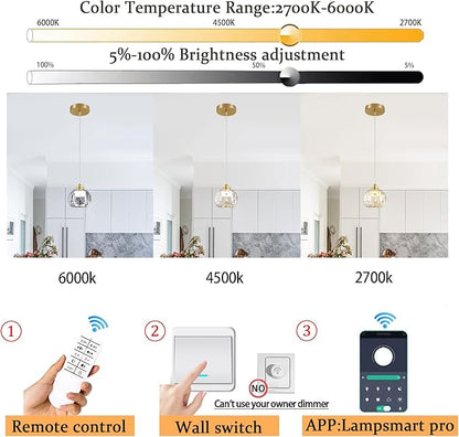 1-Light Gold Pendant Light Fixtures,Crystal Ball Chandelier for Entyway Bedroom Dimmable Pendant Light Kitchen Island 5W