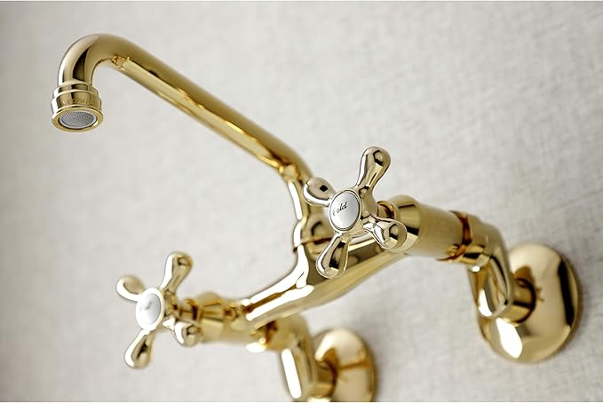 Kingston Brass KS213PB Victorian Two Handle Wall Mount Kitchen Faucet, 7-Inch, Polished Brass