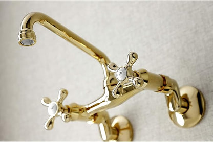 Kingston Brass KS213PB Victorian Two Handle Wall Mount Kitchen Faucet, 7-Inch, Polished Brass