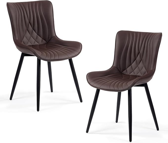 Kidol & Shellder Dining Chairs Set of 2, Mid Century Modern Kitchen Chairs with Black Metel Legs, PU Leather Upholstered Side Chair for Dining Room, Living Room, Lounge, Restaurant, Brown